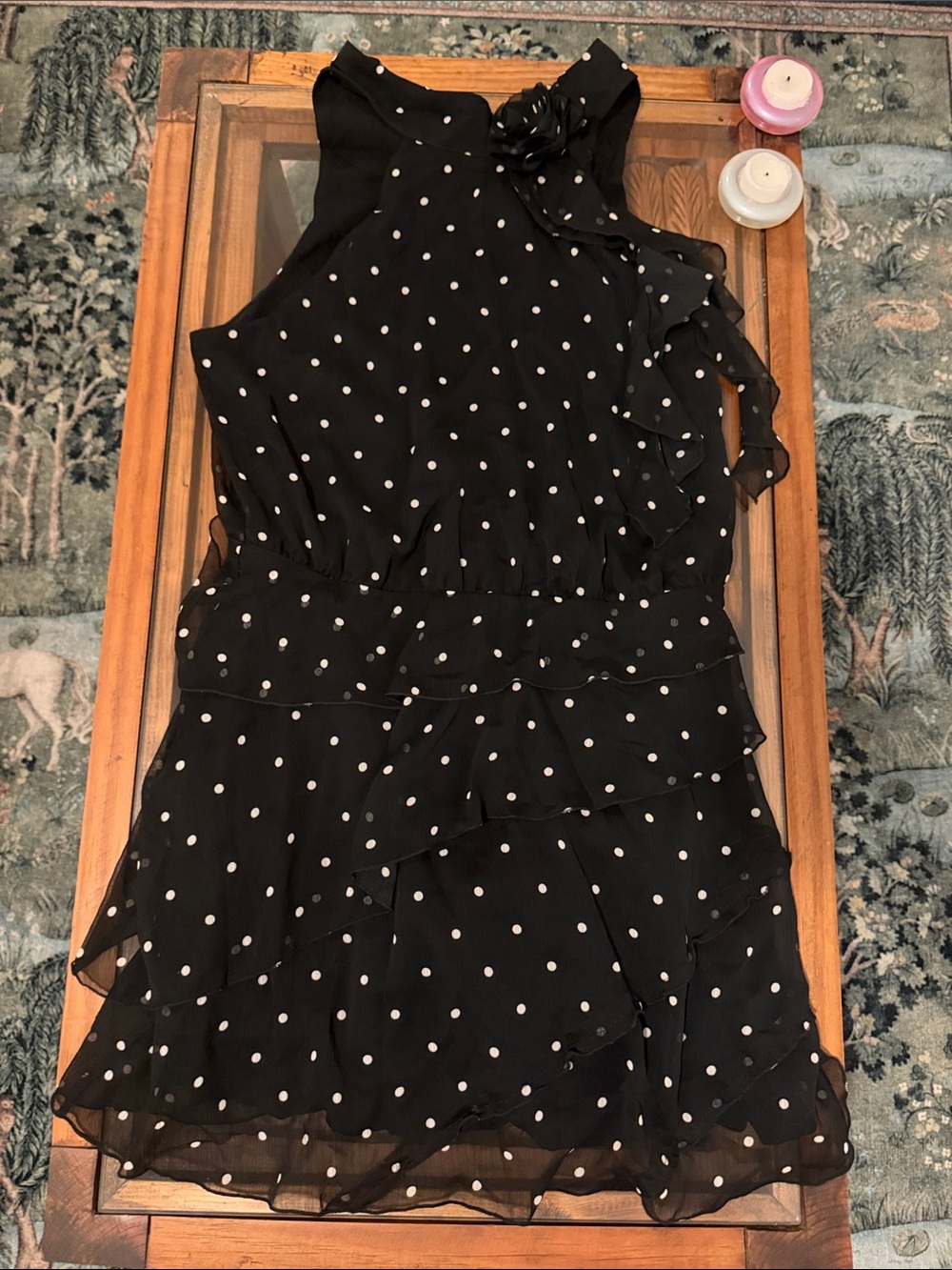 Black Polka Dot Anthropology Ruffle Sleeveless Dress